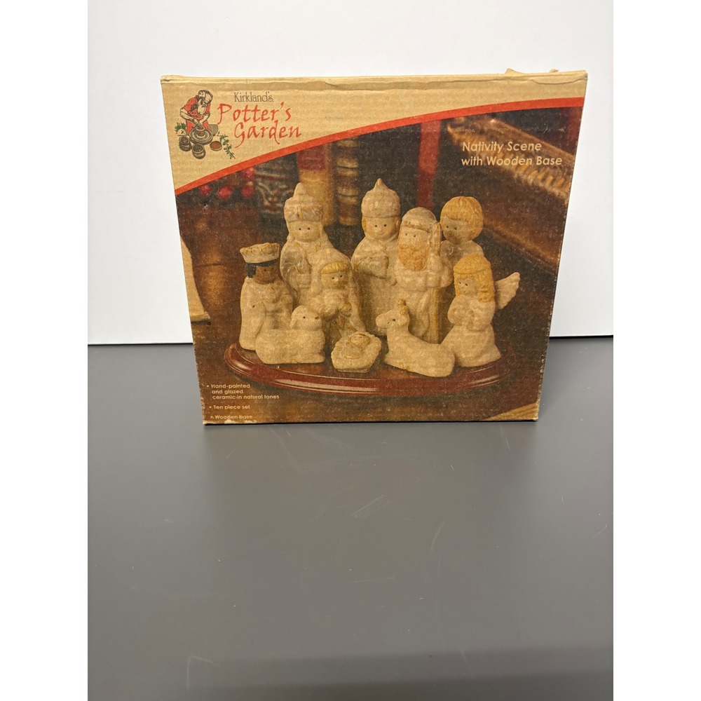 Kirklands Potters Garden Nativity Scene 10 Piece Ceramic Set with Wooden Base